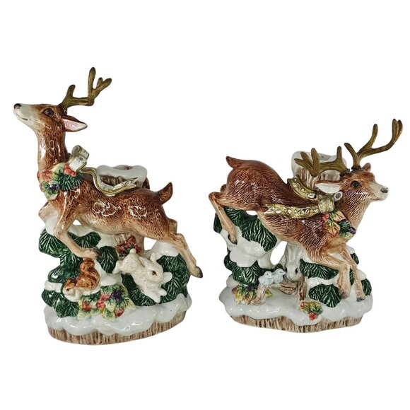 Fitz And Floyd 1996 Christmas Reindeer Candle Holders Set Of 2 Hand Painted FLAW - Picture 1 of 16